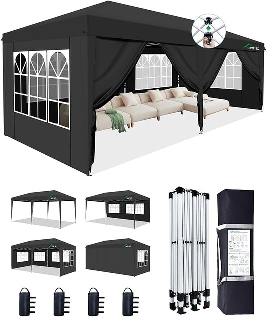 Acepic 10x20 Pop Up Canopy Tent with 6 Removable Sidewalls, Easy Set-up 2 Central Lock Outdoor Party Tent, Commercial Canopy, Stakes x8, Ropes x4, Sandbags x4, Hand Bag x1(Black, 10 * 20)