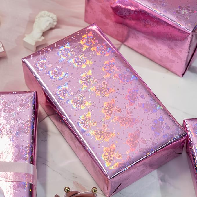 Burymento Pink Butterfly Wrapping Paper Roll, Metallic Holographic Butterfly Gift Wrap for Birthday, Valentines, Mothers day, Graduation, Wedding, Fathers day, Baby Shower, Christmas (17 IN x 32.8 FT)