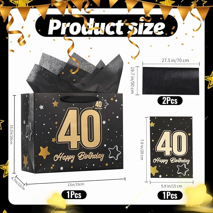 Powbrace 13" Black 40th Birthday Gift Bag with Tissue Paper and Greeting Card for Party,Happy Birthday Gift Bag for Men Women,Gift Bags Medium size(1 Black 40th)