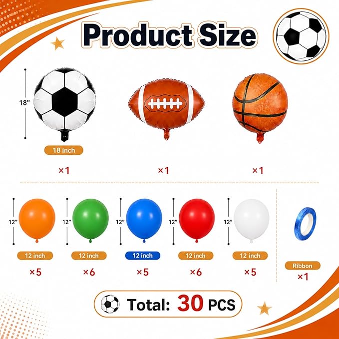 Soccer Balloons, 12 Inch Green Orange Blue Red White Latex Balloons with Soccer Ball Basketball Foil Balloon for Boys Kids Sport Theme Birthday Decorations Football Lover Men Party Baby Shower Decor
