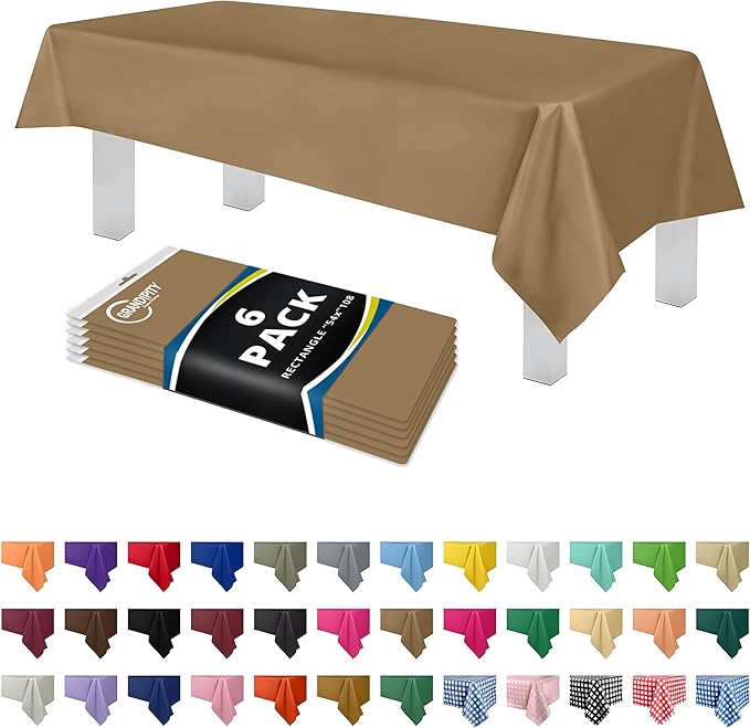 Grandipity Gold Plastic Table Cloth Disposable (6 Pk) 54in x 108in Plastic Tablecloths for Rectangle Tables - Premium Party Table Cloths Disposable for 6ft to 8ft Rectangle Tables