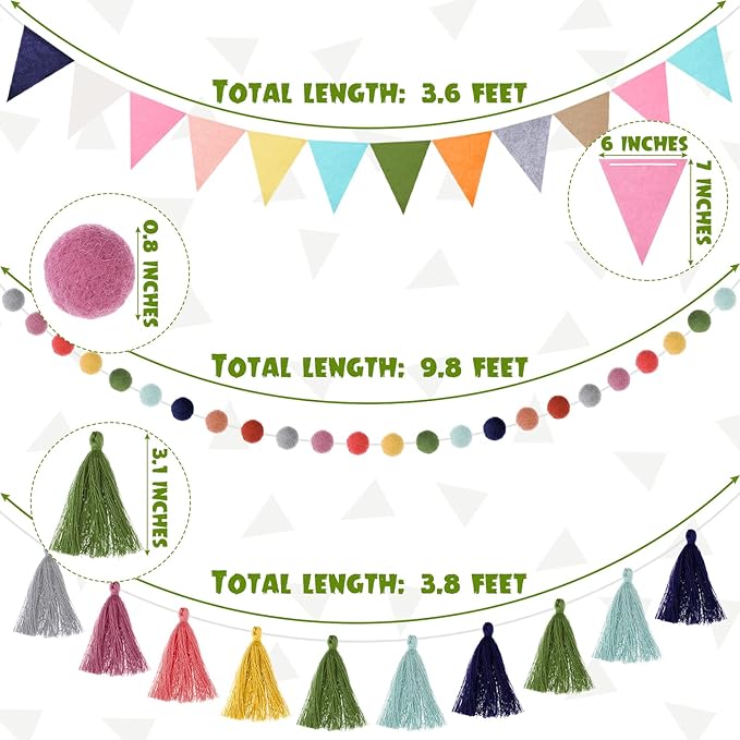 Irenare 9.8 ft Pom Pom Garland Felt Rainbow Garland 2026 Graduation Party Decoration Colorful Pennant Tassel Banner Back to School Birthday Triangle Banner for Classroom School Mantel(Bright Color)