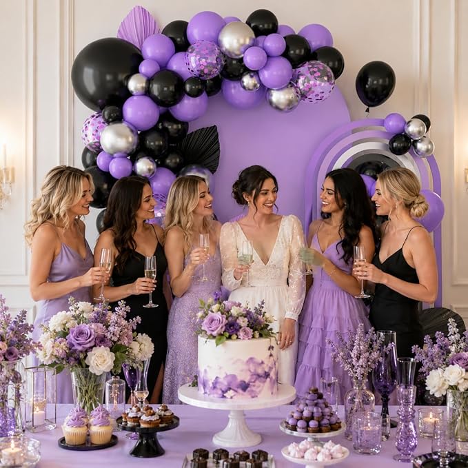 Black Purple Balloons Arch Kit,BTZO Metallic Silver Purple Confetti Balloon for Birthday Wedding Bridal Shower Graduations Party Decorations