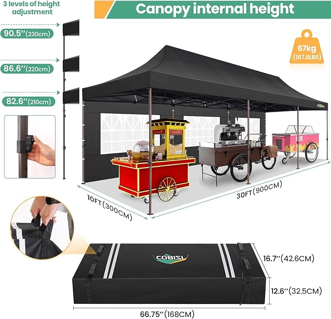 COBIZI 10x30 Pop Up Heavy Duty Canopy with 8 Sidewalls and Hexagonal Legs, Easy up Tent for Party, Wedding and Commercial, Outdoor Canopy with Carry Bag, Waterproof & UPF50+ (Black)