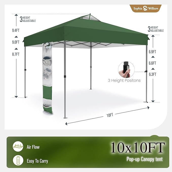 Sophia & William Canopy Tent Pop Up 10x10 ft, One Person Push Set Up Tent, Outdoor Canopies Shelter Heavy Duty Straight Legs with 4 Sandbags & Guy Ropes, 1 Roller Bag & Storage Bag, 8 Stakes, UPF50+