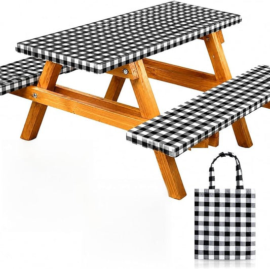 RNOONY Vinyl Fitted Picnic Table Cover with Bench Covers and Bag, 6ft Outdoor Waterproof Windproof Tablecloth with Elastic Edges. Camping RV Gear Campers Must Have 72x30 Inches 4 Pcs Set (Black)