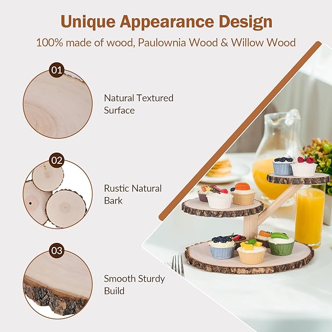 GENMOUS Wooden Farmhouse Style Cake Stand - Multifunctional 3-Tired Wedding Cake Stand Wood & Display Serving Tray Platter, for Appetizers Desserts Charcuterie Board