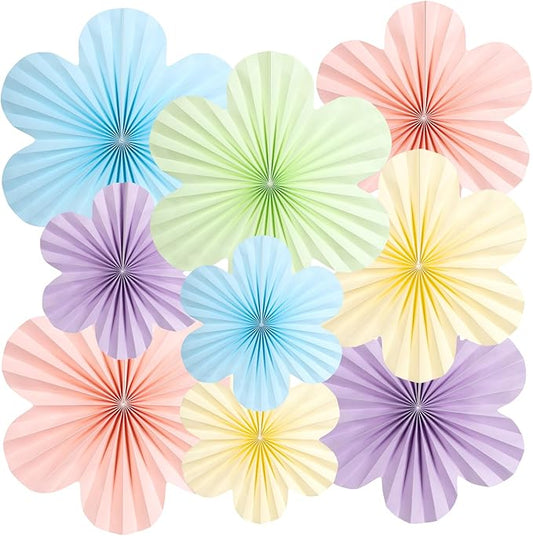 SUNBEAUTY Pastel Paper Flowers Decorations for Wall, Hanging Paper Fans Paper Floral Backdrop Decor Paper Fans Decoration Mothers Day Birthday Wedding Baby Shower, Set of 9