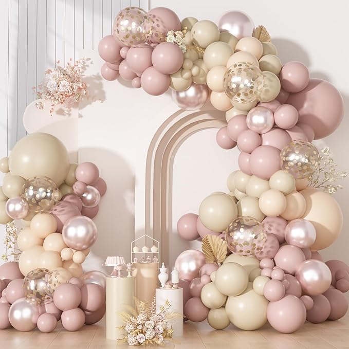 Ouddy Party Boho Dusty Pink Balloons Garland Arch Kit, Different Sizes 18 12 10 5 Inch Pastel Pink Sand White Pearl Latex Confetti Balloon for Baby Bridal Shower Birthday Women Girls Party Decorations