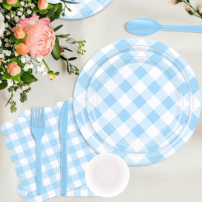175 Pcs Gingham Party Supplies for 25 Guests, Paper Plates and Napkins Knives Spoons Forks Cups Disposable Party Set Cutlery for Baby & Bridal Shower, Wedding, Birthday Party, Outdoor Picnic ( Blue )