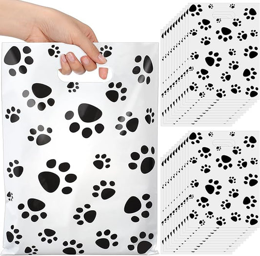 Pasimy 100 Pcs Puppy Dog Paw Gift Bags Plastic Paw Treat Goodie Bags with Handles 9 x 12 Inch for Birthday Holiday Party Favor Supplies Shopping Gift Merchandise Grocery Home Using(Black White)