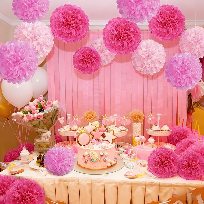 Hot Pink Tissue Pom Poms Paper Flowers Hanging Decorations Pink Flower Ball for Mother's Day Baby Shower Wedding Nursery Birthday Party Backdrop Home Outdoor