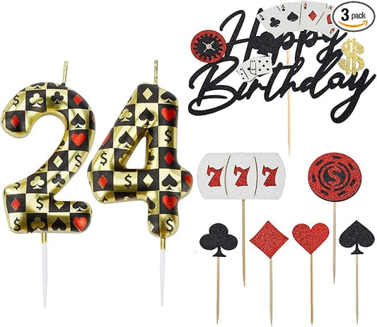 Casino Birthday Number Candles for Cake, Poker Birthday Candles for Casino Themed Birthday Party Decoration, Glitter Casino Birthday Cake Topper for Casino Night Theme Birthday Cake(Number 24 & 42)