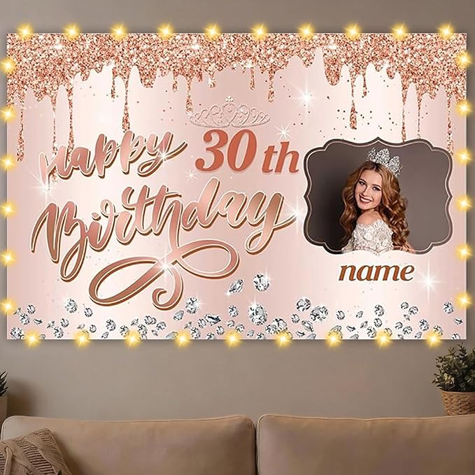 Custom Rose Gold Happy Birthday Backdrop for Girls Women,Personalization Rose Gold Happy Birthday Banner Glitter Diamond Birthday Backdrop Sweet Princess Birthday Photography Background