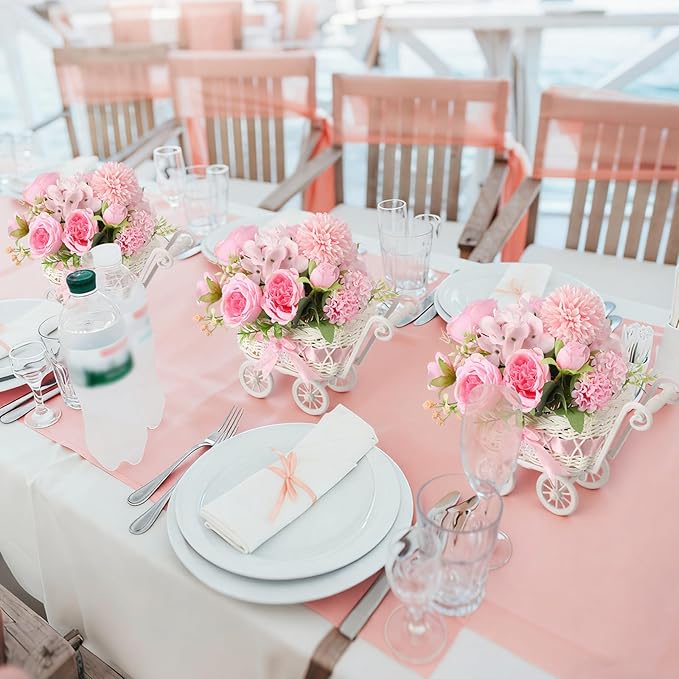 3 Pack Rattan Baby Carriage Floral Arrangement with Bouquet Pink Baby Shower Table Centerpiece Stroller for Guests Gender Reveal Wedding Party Favor Gift and Souvenir