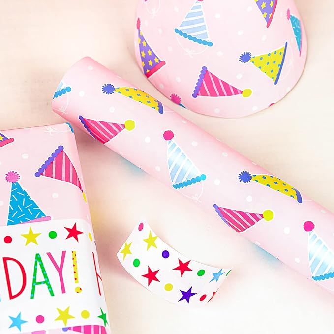 MAYPLUSS Birthday Gift Wrapping Paper Roll - 17Inch X 32.8Feet - Reversible Luxury Pink Girly Birthday Party Hat, Happy Lettering Gift Wrap for Kid Girl, Baby Shower, Party, Holiday