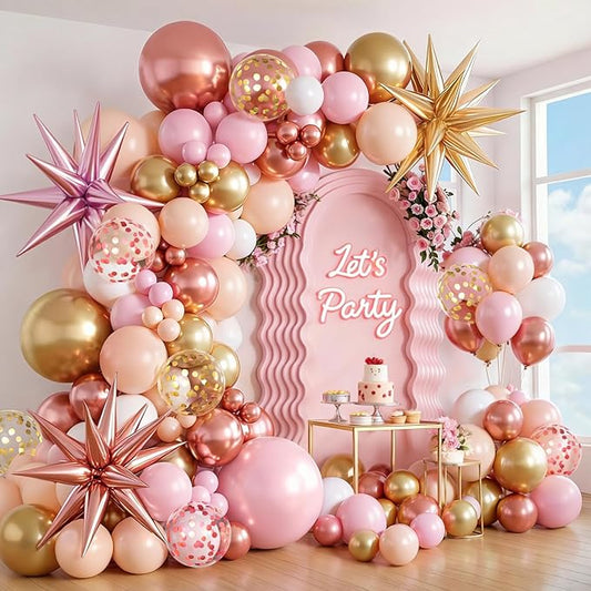 Rose Gold Balloons Arch Garland Kit, Pink and Gold Nude Matte White Confetti Balloons for Princess Girl Birthday Bridal Shower Engagement Celebration Anniversary Wedding Party Decorations