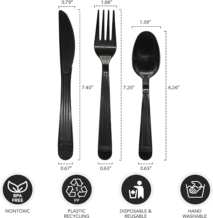Party Essentials Individually Wrapped Heavy Duty Plastic Utensil Kits, 50 Sets for Party Catering, Fork/Spoon/Knife, Black
