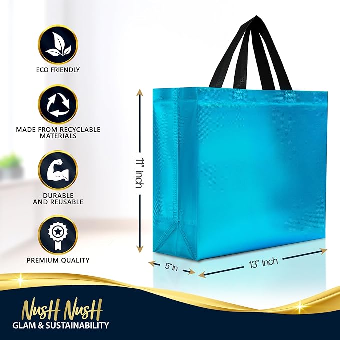 Nush Nush Aqua Blue Gift Bags Large Size – Set of 30 Shiny Light Blue Gift Bags With Handles Bulk - Reusable Goodie Bag for Birthday Party Favors, Weddings, Business, Corporate Events – 13Wx5Dx11H