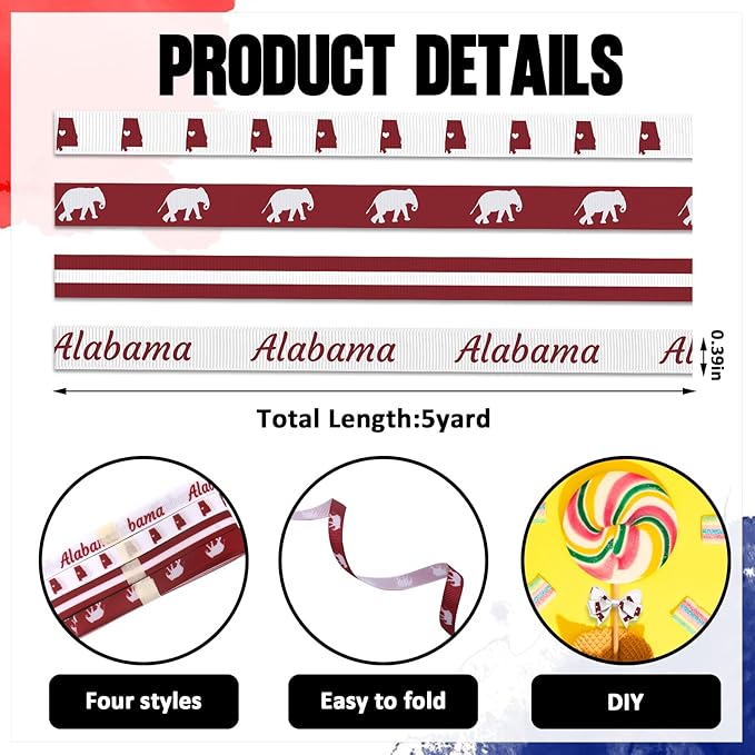 4 PCS Alabama Ribbons for Crafting, 3/8" Width Red Black Stripes Grosgrain Ribbons Map Elephants Craft Ribbons for Gift Wrapping DIY Sports Birthday Decorations