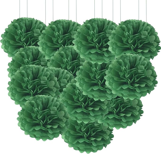 Qimoo 20pcs Dark Green Paper Pom Poms Decorations, DIY Decorative Tissue Paper Pom-poms Flowers Ball for Party Wedding Outdoor Decoration