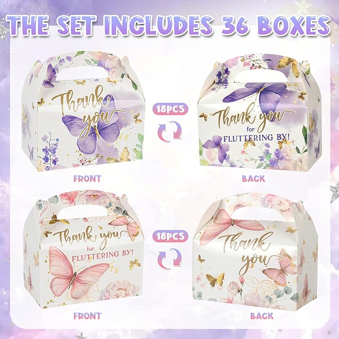 DjinnGlory 36-Pack Butterfly Party Favor Treat Boxes, Small Cute Gable Boxes for Girls Party Giveaways and Small Business 6.18x3.58x3.39 Inches