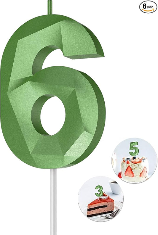 Number Birthday Candles(6 Candle Green) 3D Diamond Shape Number Happy Birthday Cake Candles for Birthday Party Wedding Decoration Reunions Theme Party