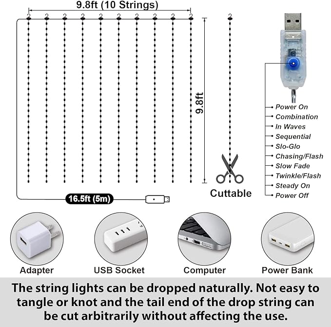 HXWEIYE 300LED Fairy Curtain Lights, 9.8x9.8Ft USB Plug-in 8 Modes Christmas String Hanging Lights with Remote for Bedroom Backdrop Wedding Indoor Wall Decor, Pink, Tangle-Free – 1 Pack