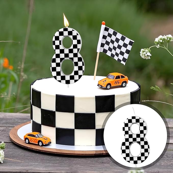 Racing Cars Themed Birthday Candle, Checkered Flag Number Candles Black and White Candles Happy Birthday Cake Topper Party Decorations for Boys Racing Cars Themed Party Supplies (Number 8)