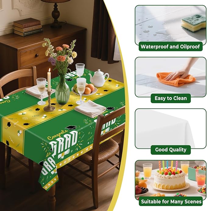 8 Pack Graduation Plastic Tablecloth 54" x 108" Disposable Table Cloths for 6 to 8 Foot Tables Cover for Class of 2026 Parties Decorations Supplies (Graduation Green Gold, Rectangle)