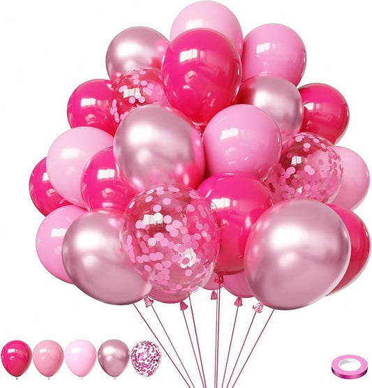 Pink Balloons, 60Pcs Hot Pink Balloons, Pink Metallic Balloons with 12in for Girls Women Baby Shower Valentine's Day Wedding Birthday Party Decoration