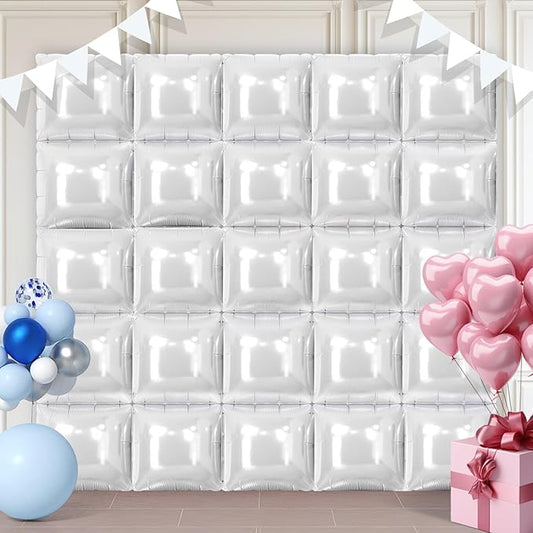 White Square Foil Balloons 25 Pcs Metallic White Balloons Wall Backdrop for New Year Graduation Birthday Bridal Shower Party Arch Backdrop Decorations