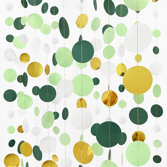 46 Ft Sage Green Gold Party Decorations Polka Dots Garlands Hanging Paper Circle Dots Streamer for Safari Wild Woodland Jungle Theme Birthday Baby Shower Graduation Wedding Party Decorations Supplies