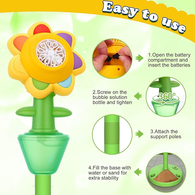 AIERSA 2 Pack Flower Bubble Stand Machine,Sunflower Bubble Maker with Lights, Height Adjustable Rechargeable Automatic Bubble Blower for Outdoor Backyard Party