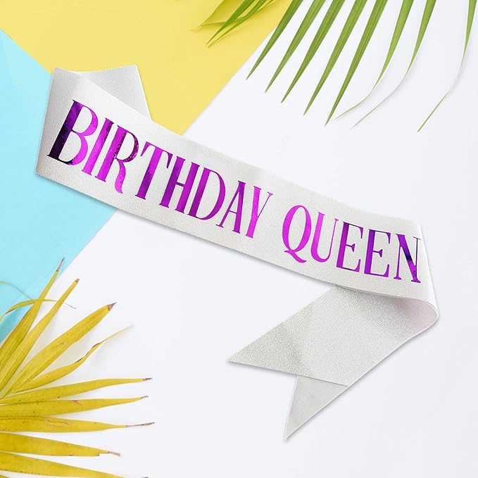 Birthday Queen Sash, Purple Foil Letter Glitter White Birthday Sash for Women 21st 30th 40th 50th 60th Gifts Fun Bday Party Favors Decorations