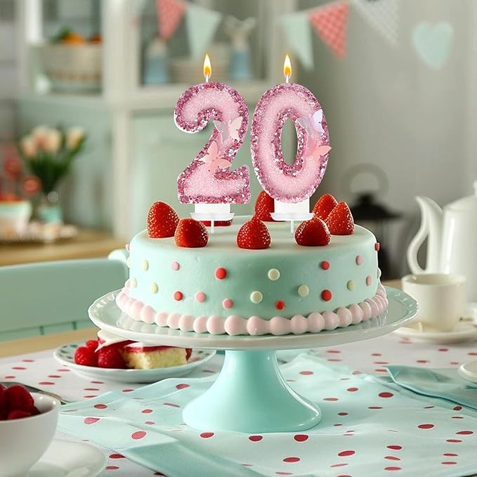 20Th Birthday Candles，Glitter Butterfly Cake Toppers Pink Sequins Wedding Numeral Cupcake Decorations，Suitable for Girl and Boy Wedding Cakes, Party Celebrations, Birthday Decorations (20)