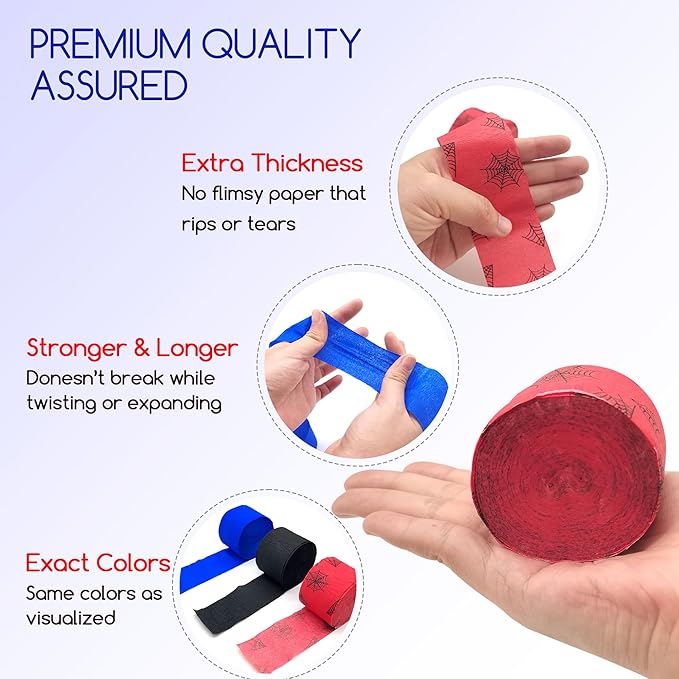 Spider Crepe Paper Streamers 12 Rolls 984ft Crepe Paper Streamers for Spider Theme Birthday Baby Shower Graduation Party DIY Backdrop Decorations, 1.8 Inch x 82 Ft/Roll (Black Blue Red, 12 Rolls)