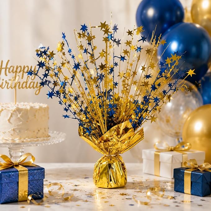 4 Pack Metallic Foil Spray Centerpiece Stars for Wedding, Birthday, Anniversary, Christmas Table Decor, Holiday Festival Baby Shower Graduation Mantle Party Decorations (Gold&Blue)