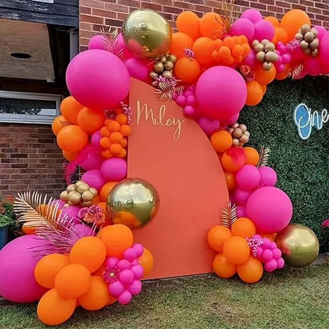HILAVO Pink and Orange Balloons 12 Inch Pastel Hot Pink Orange Latex Balloon with Gold Confetti Helium Party Balloons for Tropical Fall Birthday Halloween Baby Shower Thanksgiving Decoration