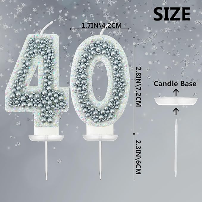 40 Birthday Number Candle for Cake, Glitter Number Candle with Silver Beads, Decorative Cake Topper for Milestone Celebrations