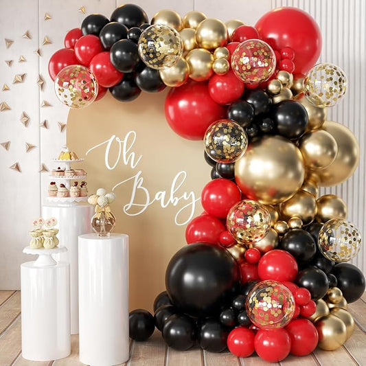 MEBAY Red Black Gold Balloons Arch Kit with Gold Confetti, 166Pcs Red Gold Black Balloons Garland for Birthday Wedding Anniversary Movie Casino Night Hollywood New Years Festival Decorations