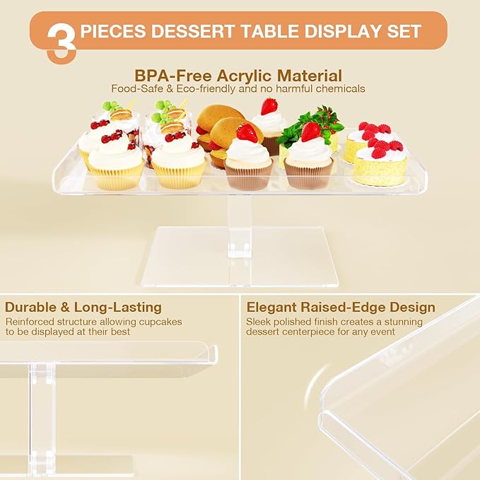 Bakzon Dessert Cupcake Stand, 3 Set Acrylic Tiered Serving Tray for Dessert Table Display, Cup Cake Holder for Tea Party/Birthday/Wedding