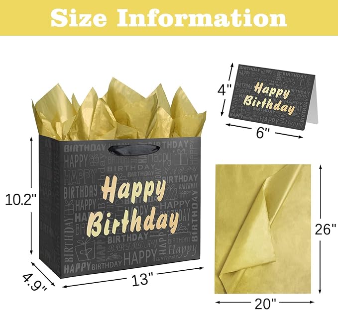 Laidans 13" Large Black and Gold Happy Birthday Gift Bag with Tissue Paper and Card for Men Women Birthday