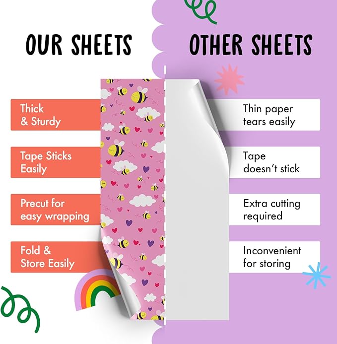 CENTRAL 23 Pink Wrapping Paper - 6 Sheets Of Gift Wrap - Bumble Bee And Heart Design - Girls Wrapping Paper For Birthday Baby Shower Valentine's Day - Recyclable