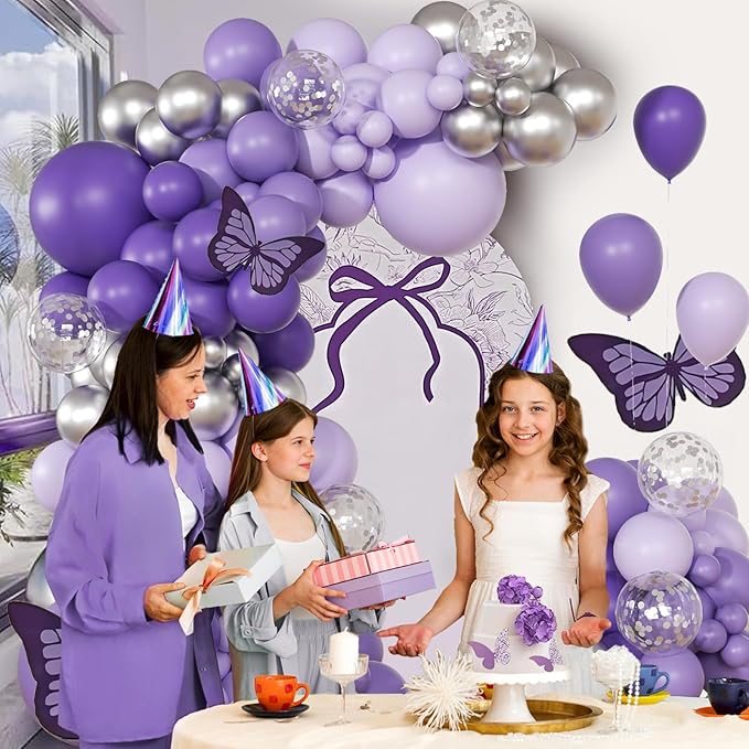 147pcs Purple Balloon Garland Arch Kit, Different Sizes with Dark Purple Light Purple Metallic Silver Confetti Lavender Latex Balloons for Baby Shower Wedding Birthday Party Decorations