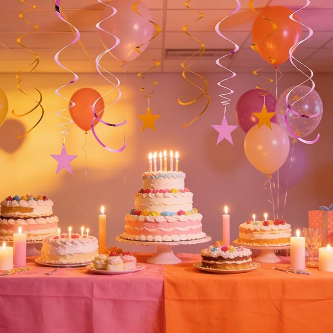GAKA Pink and Orange Foil Hanging Ceiling Swirls Garland,Star Swirl Streamer Decorations for Birthday,Anniversary,Graduation Party Supplies(24Pcs)