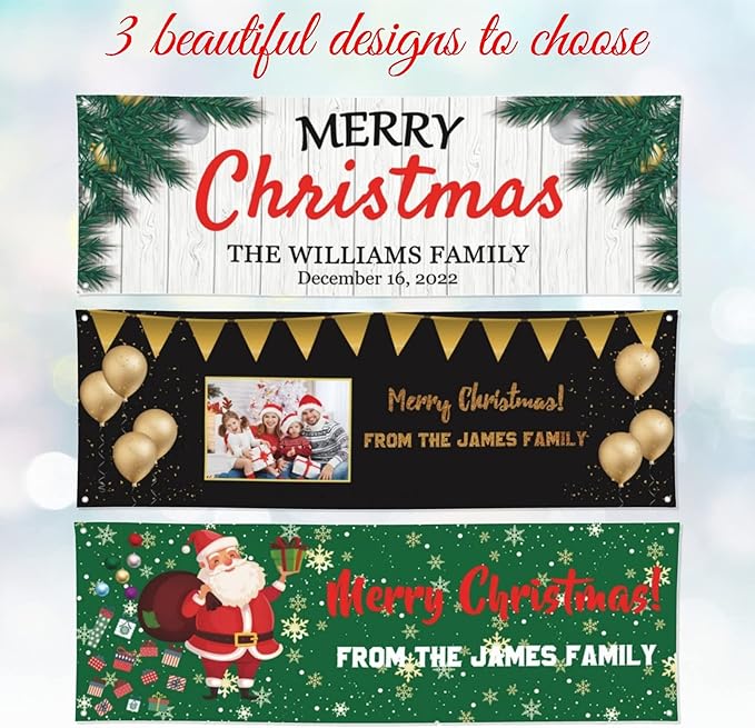 Personalized Merry Christmas Banners and Signs Customize with Family Name Photo Custom Xmas Holiday Decor for Indoor Outdoor 4'x2'