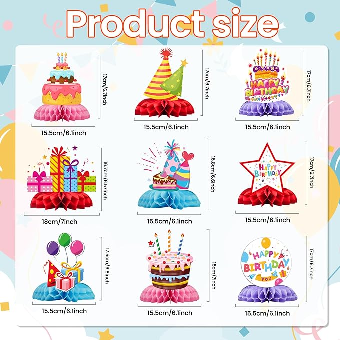 Happy Birthday Decorations 9 Pcs Table Centerpieces,Colorful Birthday Party Supplies Table Decor Set with Happy Birthday Sign, Cupcake Toppers for Birthday Party Decor