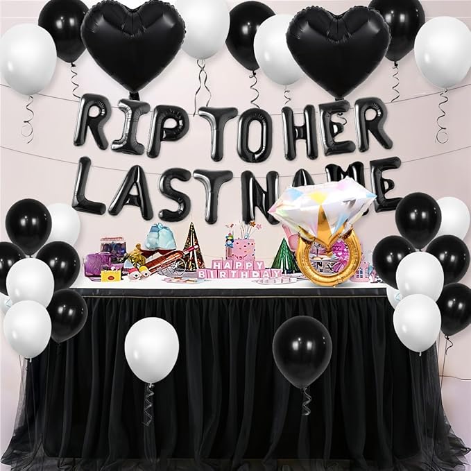 Rip To Her Last Name Balloon Banner Bachelorette Party Decoration, Black Balloons Bridal Shower Party Decor with Balloon for Ring Rip Single Life Bride to be Decor Bride or Die Wedding Engagement