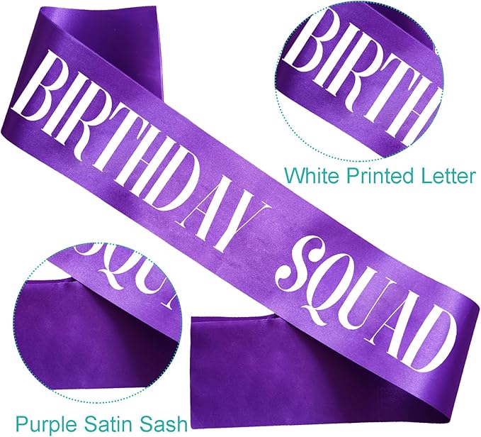 8PCS Birthday Squad Sashes, Purple Birthday Sash Set for Women or Me Funny 16th 18th 21st 30th 40th 50th or Other Bday Party Favors Decorations